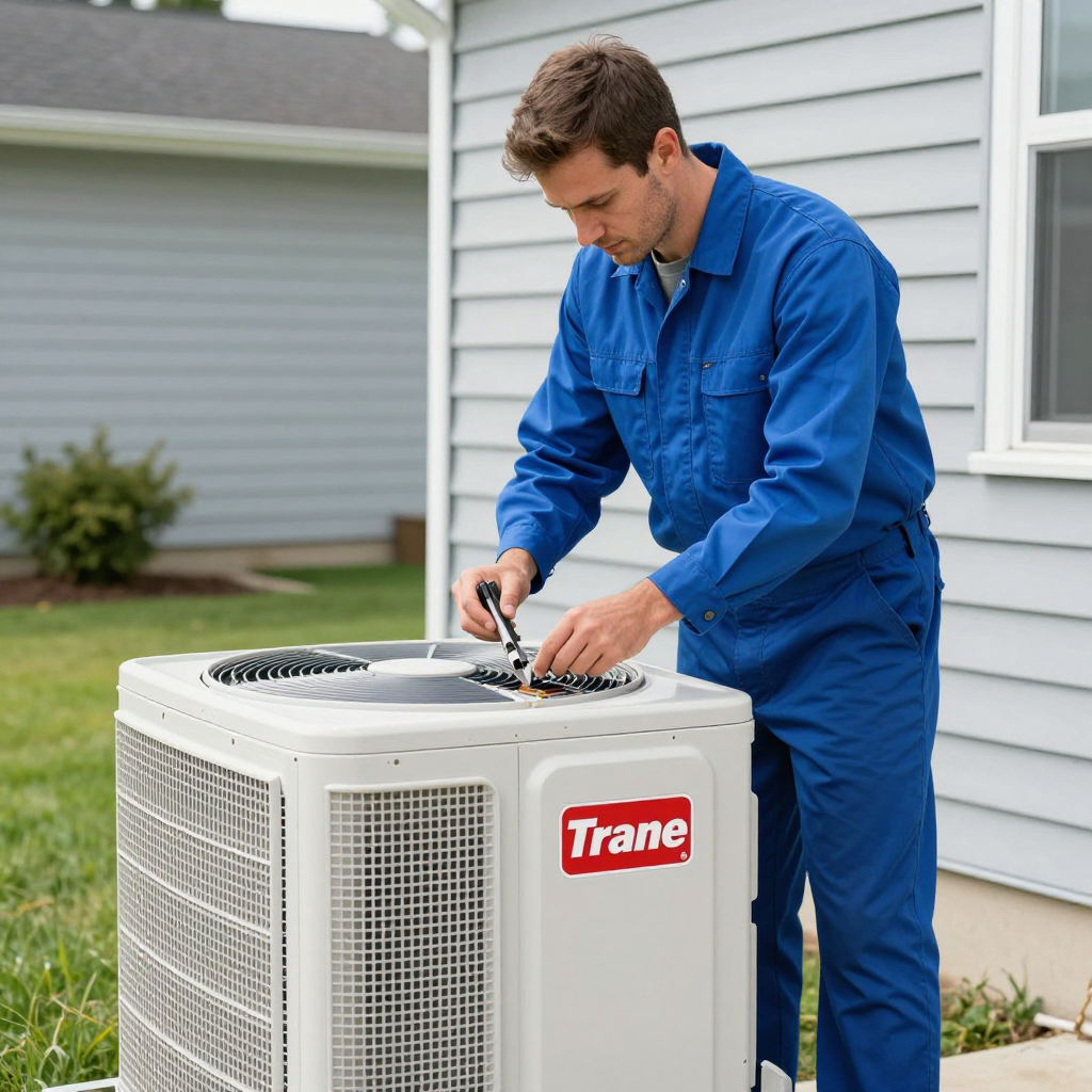 HVAC technician in blue uniform servicing a Trane air conditioner unit outdoors.