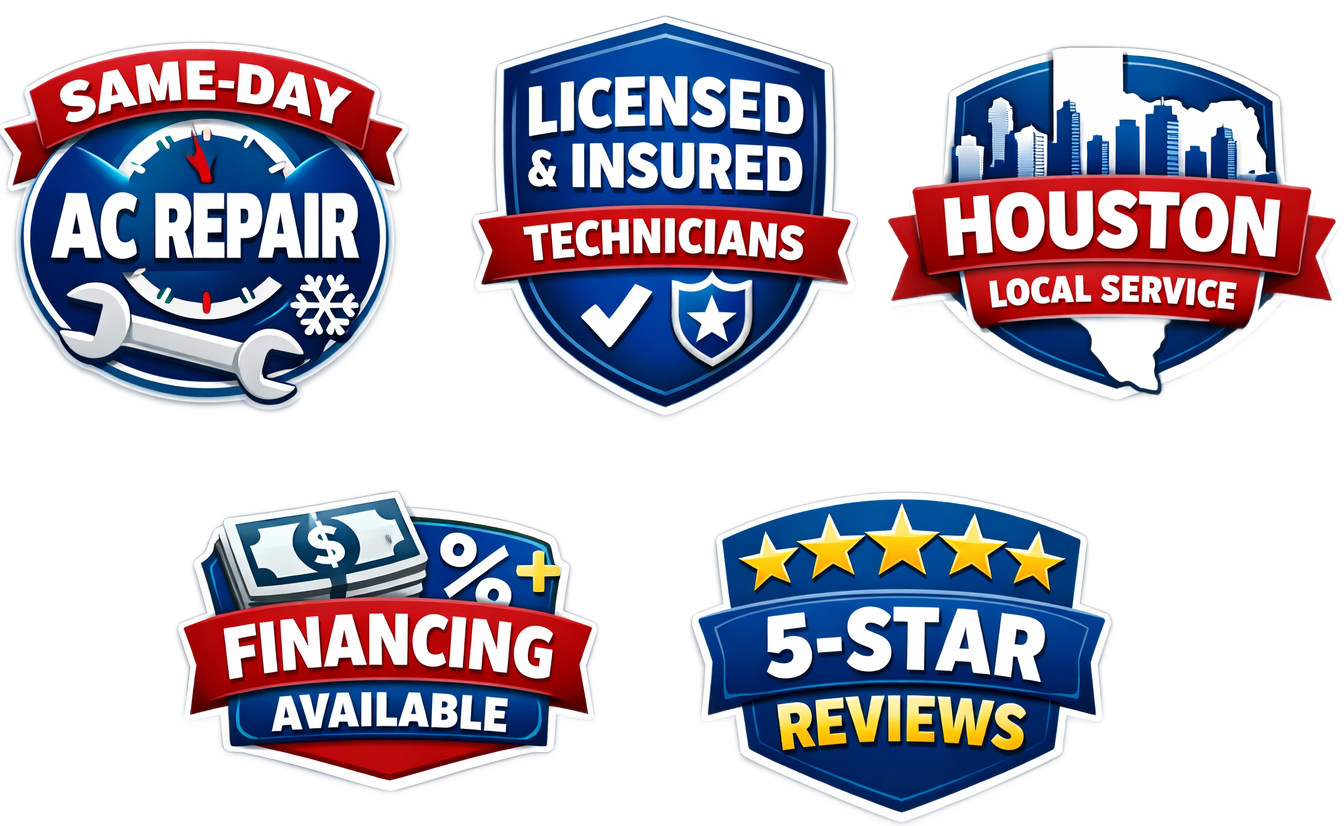 Logos: AC repair, licensed technicians, Houston service, financing, 5-star reviews.