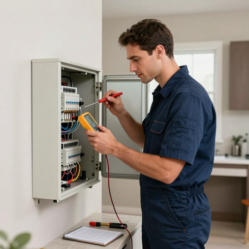 Technician testing wiring in an open electrical panel with a multimeter