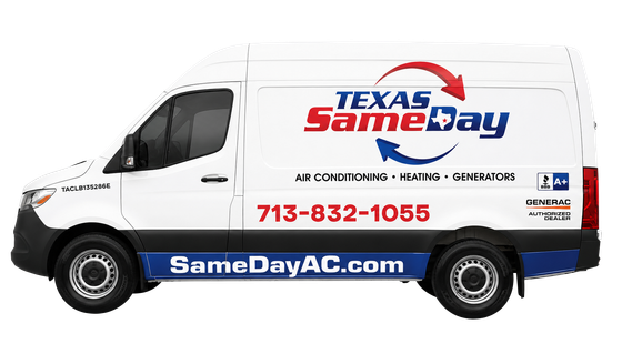 White Texas Same Day service van with red and blue branding, side view on a white background