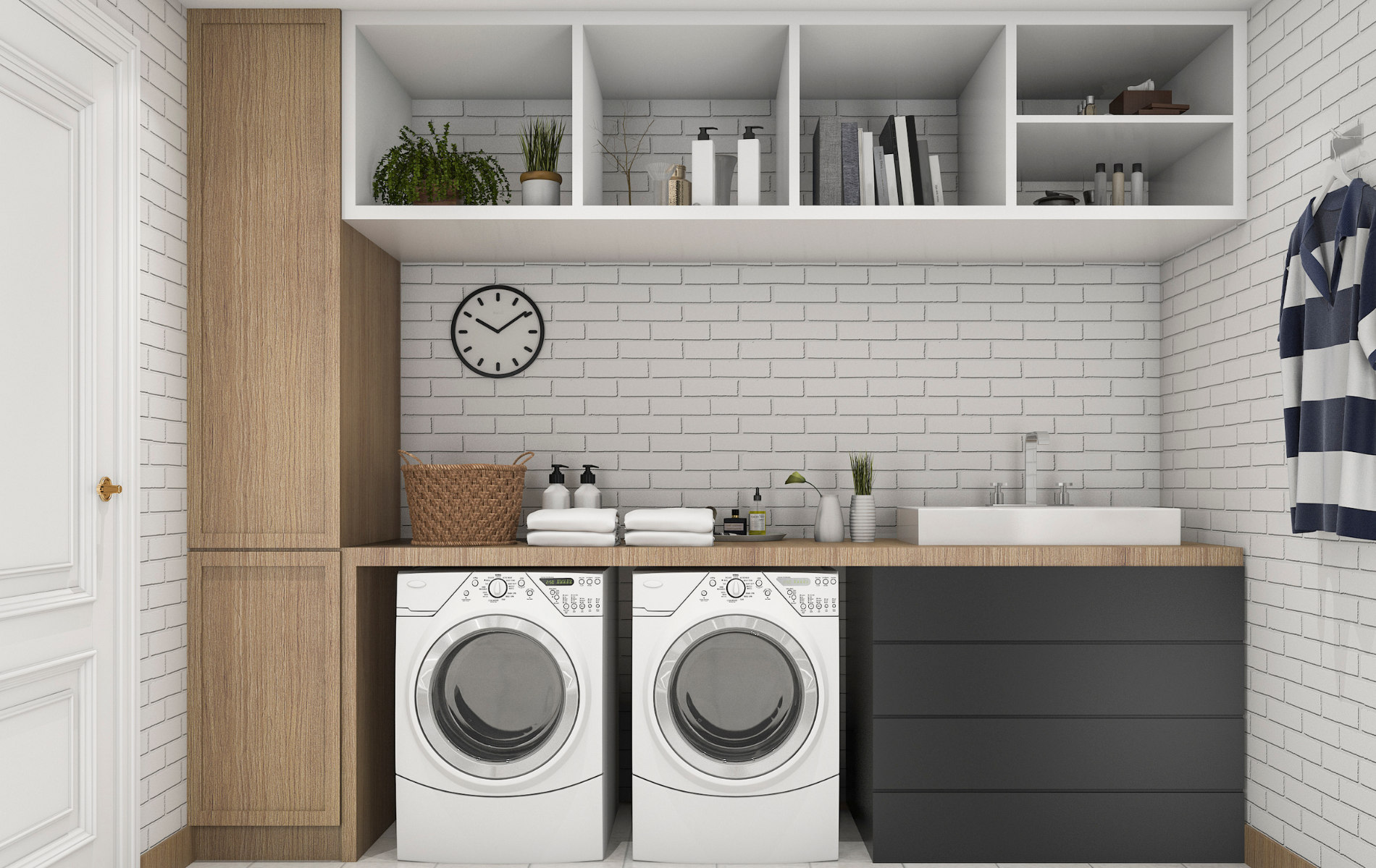 A laundry room with two washing machines and a sink.