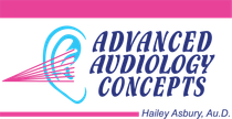Advanced Audiology Concepts logo with ear icon, pink and blue text, and “Hailey Ashbury, Au.D.”