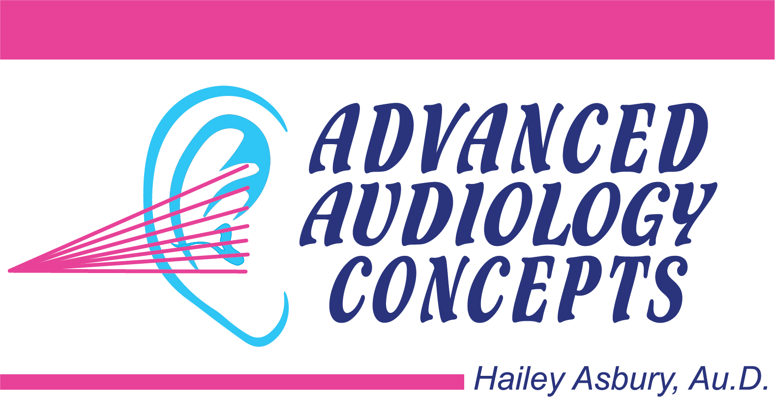 Pink and cyan abstract logo resembling an ear with radiating sound lines on a white background