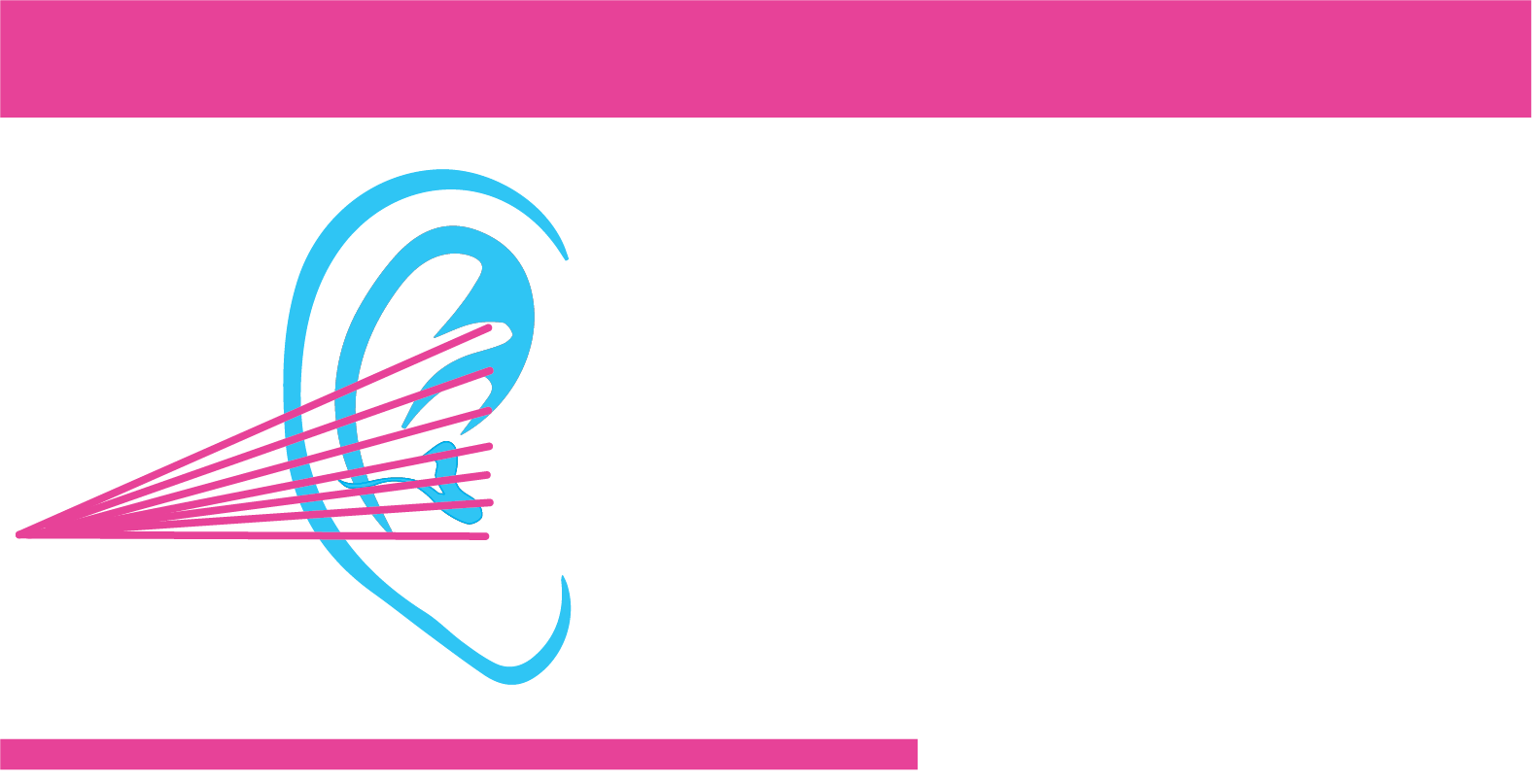 Pink and cyan abstract logo resembling an ear with radiating sound lines on a white background