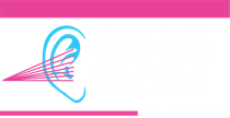 Pink and cyan abstract logo resembling an ear with radiating sound lines on a white background