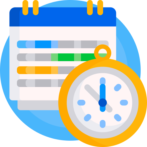 Calendar with colored schedule bars and a clock, suggesting a time-based event reminder.