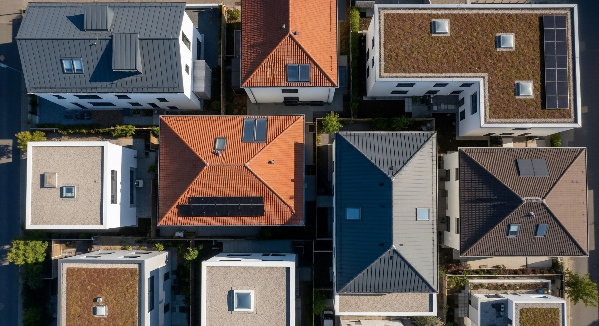Overhead view of several houses with varied roof designs and colors, in a residential neighborhood.