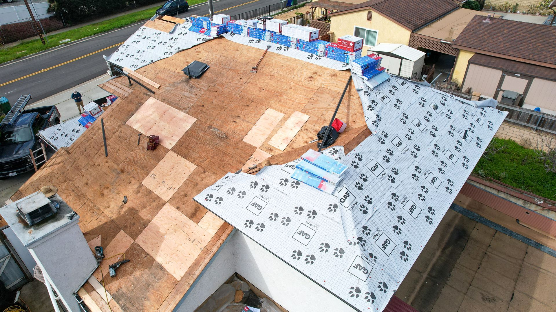 An aerial view of a roof under construction