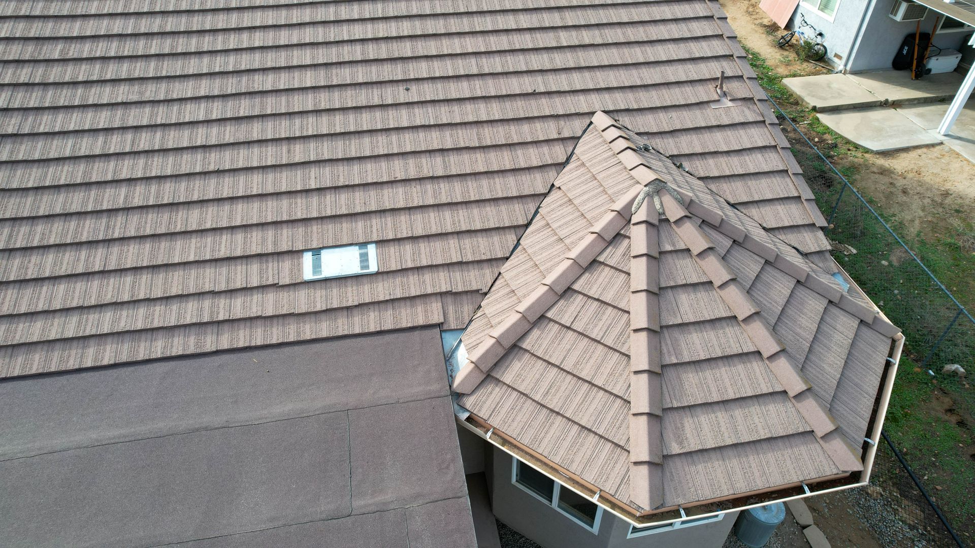 An aerial view of the roof of a house