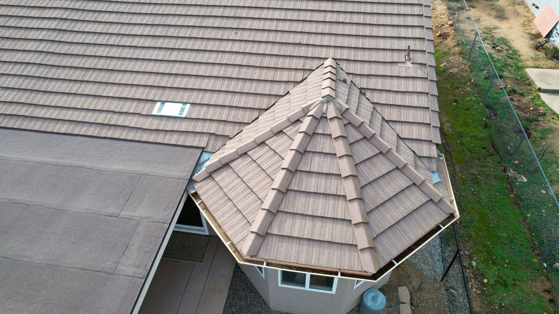 An aerial view of the roof of a house