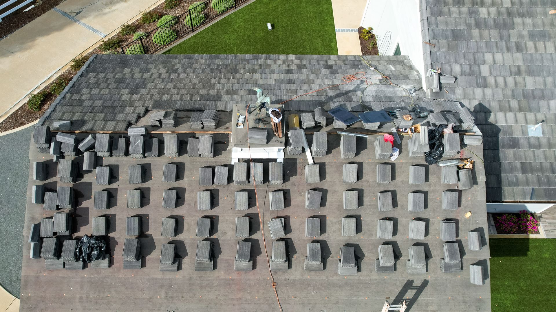 An aerial view of a roof with a lot of shingles on it
