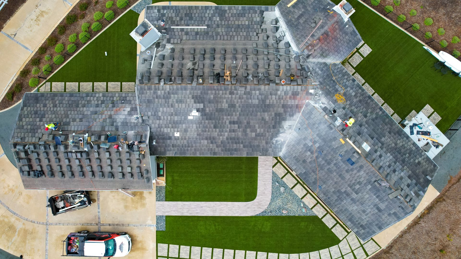 An aerial view of a house that is under construction