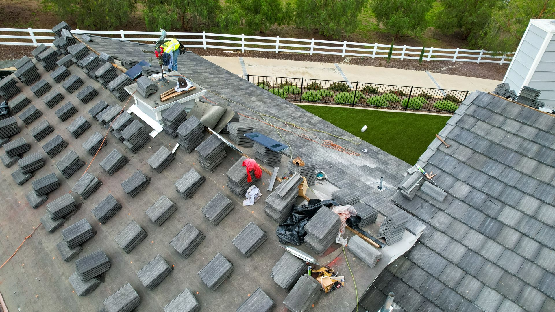 An aerial view of a roof with a lot of tiles on it