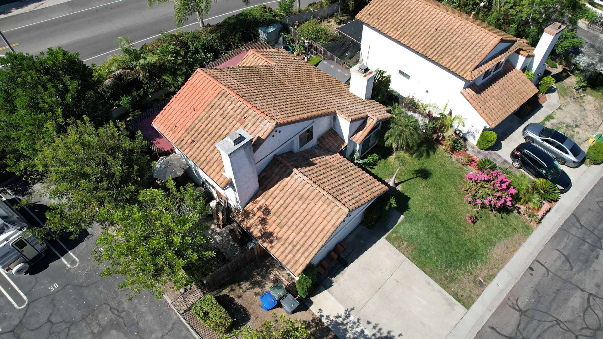 An aerial view of a house with a tiled roof