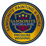 Logo for Samsonite Painting & More, featuring a shield design with the company name and services (painting, pressure washing) against a dark blue background.