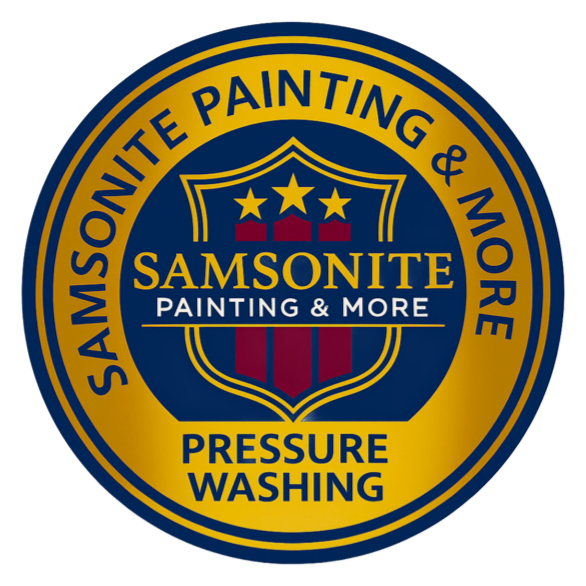 Logo for Samsonite Painting & More, featuring a shield design with the company name and services (painting, pressure washing) against a dark blue background.