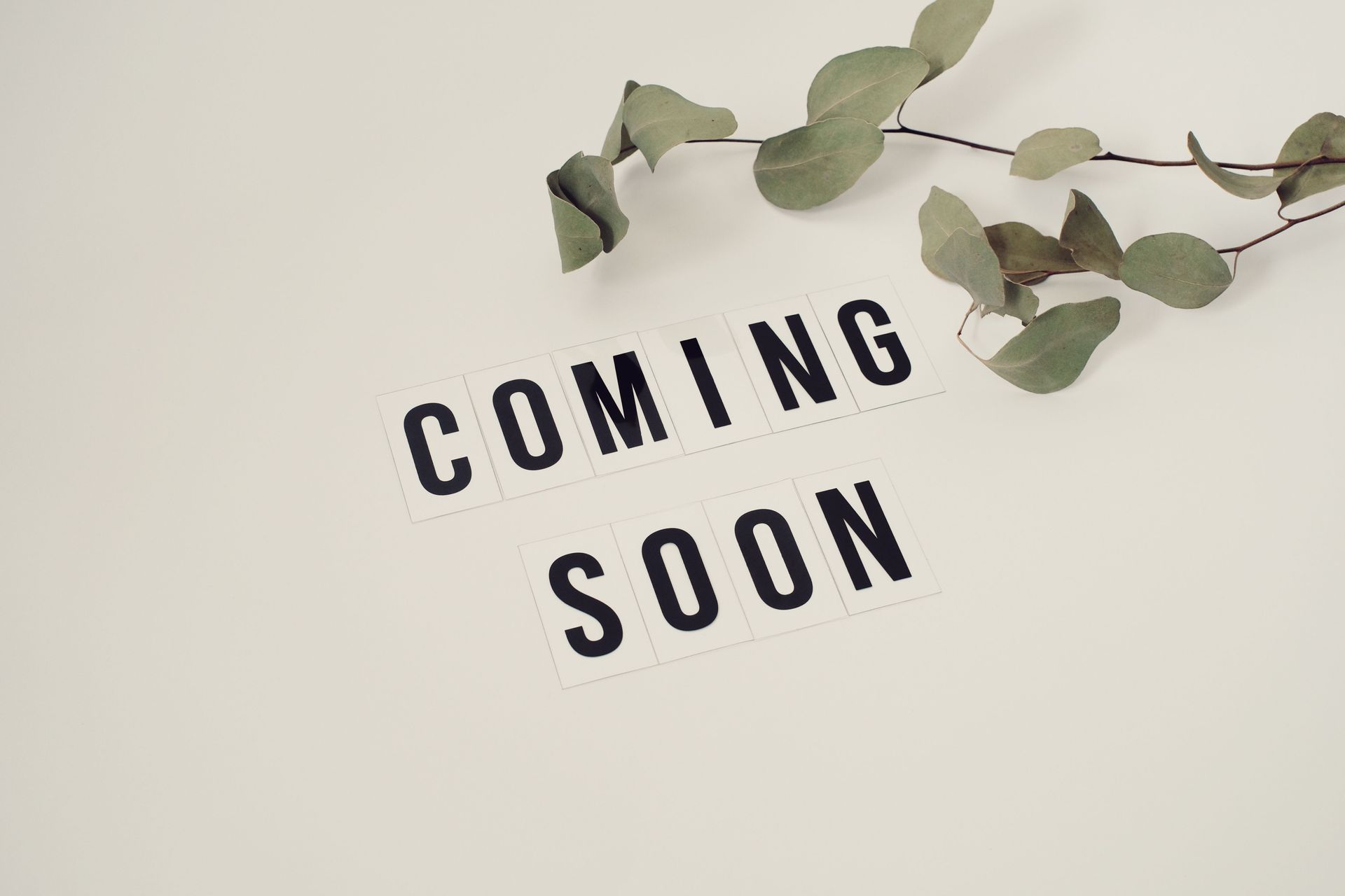 Black “COMING SOON” text on a light background with green leaves draped across the top