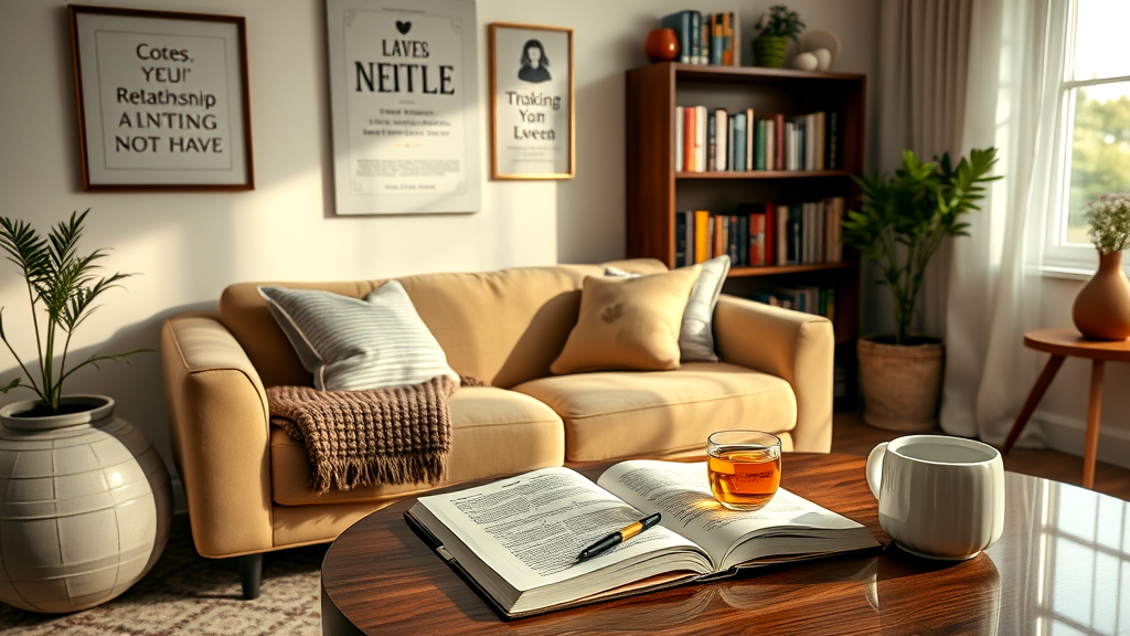 A living room with a couch, coffee table, book, and tea.