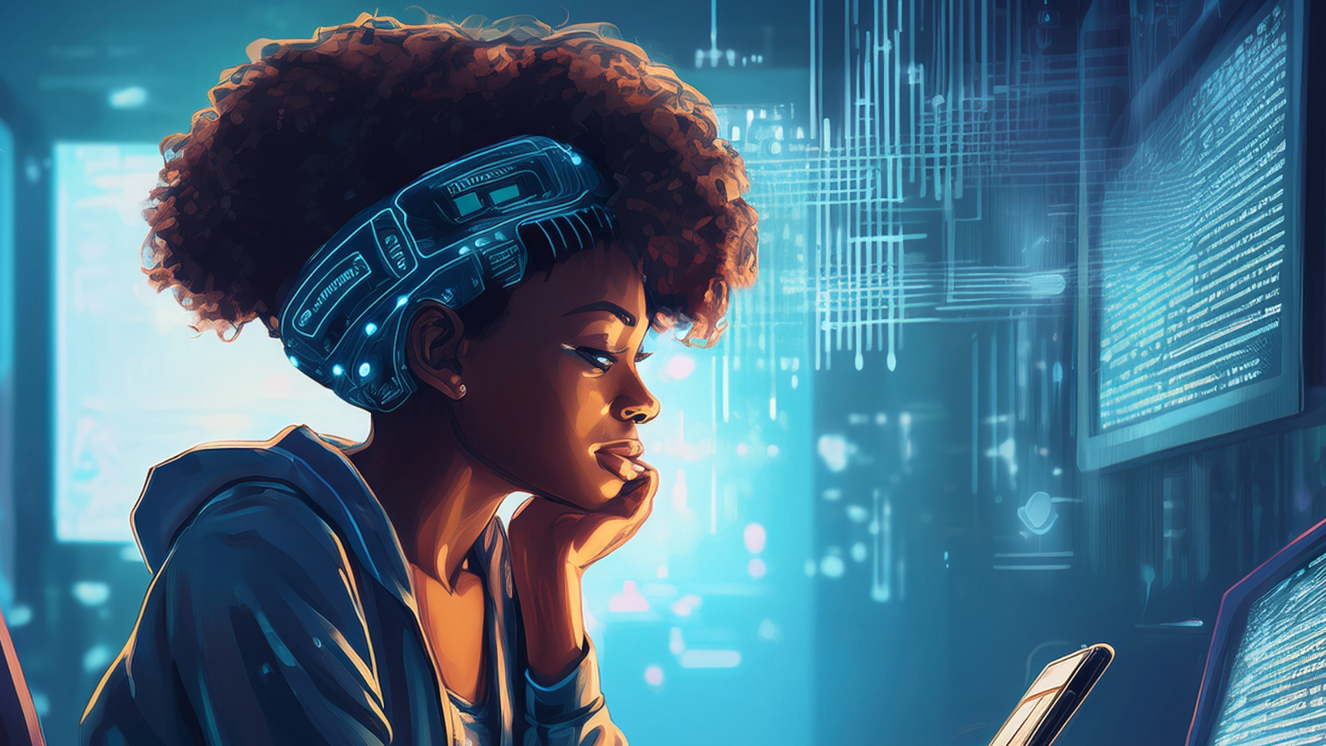 A woman wearing a headband is looking at a phone, talking to a mental health bot.