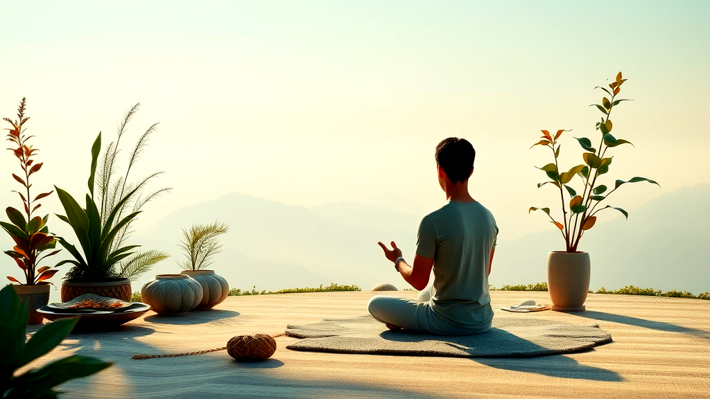 A man is sitting in a lotus position on a yoga mat.