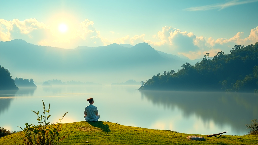 A person is sitting on a grassy hill overlooking a lake.