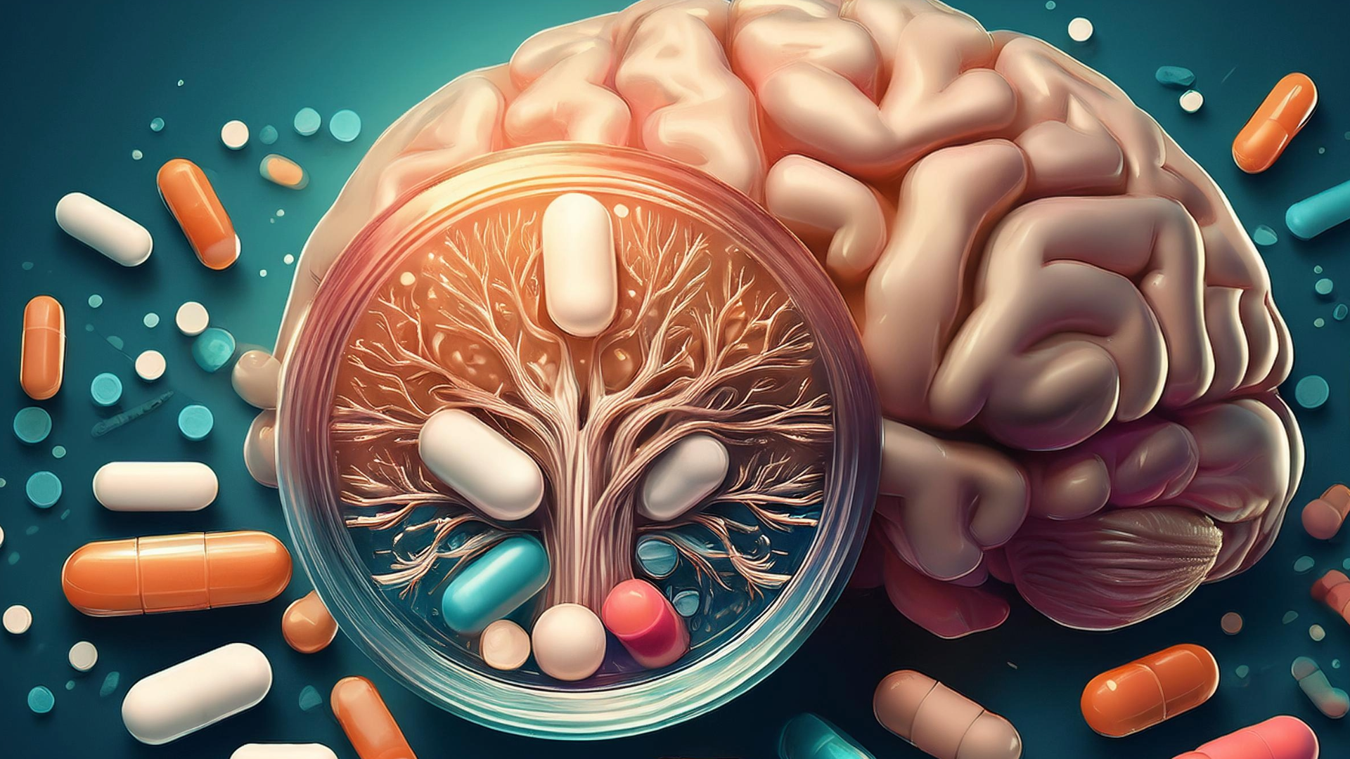 A brain is surrounded by pills and a tree in a petri dish.