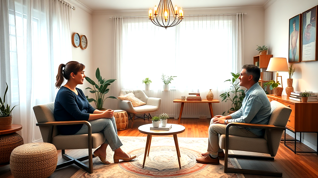 A man and a woman are sitting in chairs in a living room talking to each other.