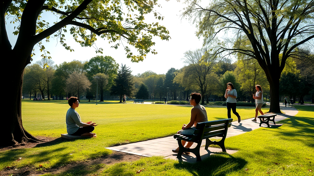 A group of people are sitting on benches in a park.