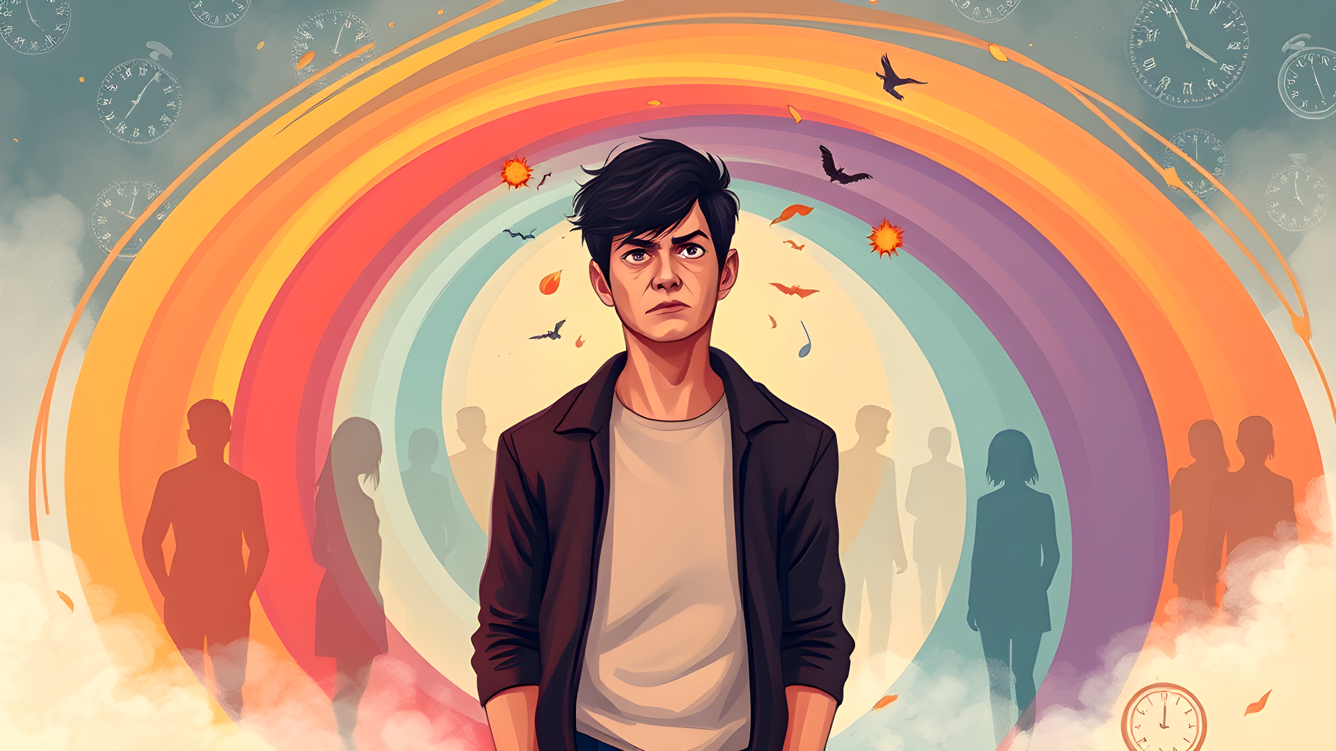 A man is standing in front of a rainbow surrounded by people.