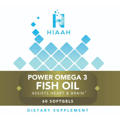 A vitamin bottle label for a dietary supplement with the HIAAH logo and Power Omega 3 Fish Oil Assists heart & Brain text.