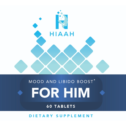 A vitamin bottle label for a dietary supplement with the HIAAH logo and Mood and Libido Boost For Him text.
