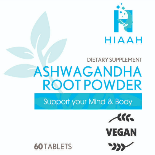 A vitamin bottle label for a dietary supplement with the HIAAH logo and Ashwagandha Root Powder text.
