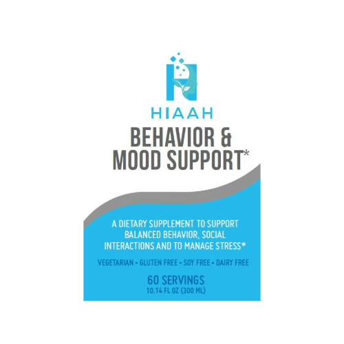 A vitamin bottle label for a dietary supplement with the HIAAH logo and Behavior & Mood Support text.