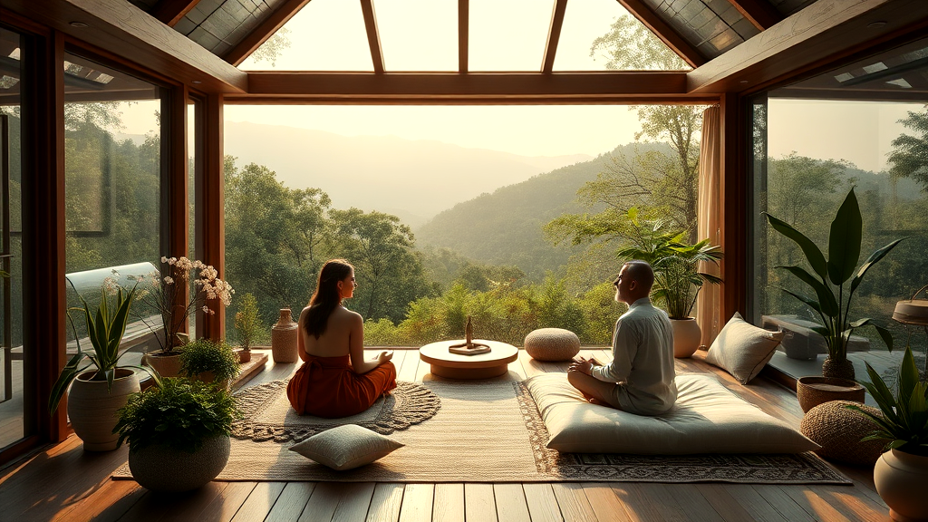 A man and a woman sit in a room with a view of the mountains.