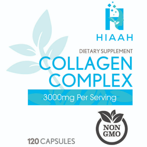 A vitamin bottle label for a dietary supplement with the HIAAH logo and Collagen Complex text.