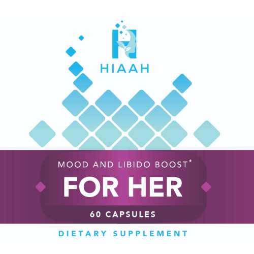 A vitamin bottle label for a dietary supplement with the HIAAH logo and Mood and Libido Boost for Her text.
