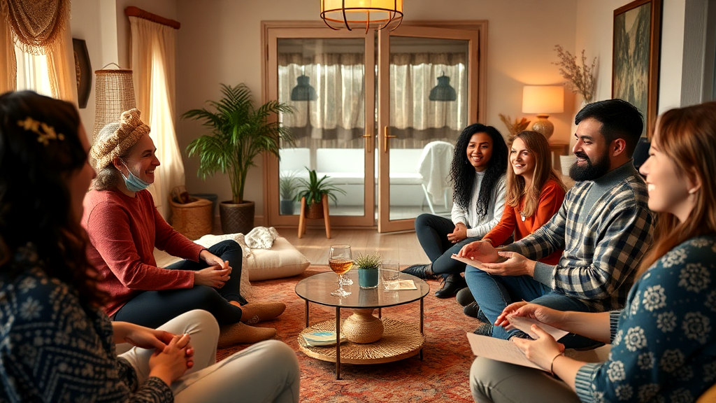 A group of people are sitting in a circle around a table in a living room.