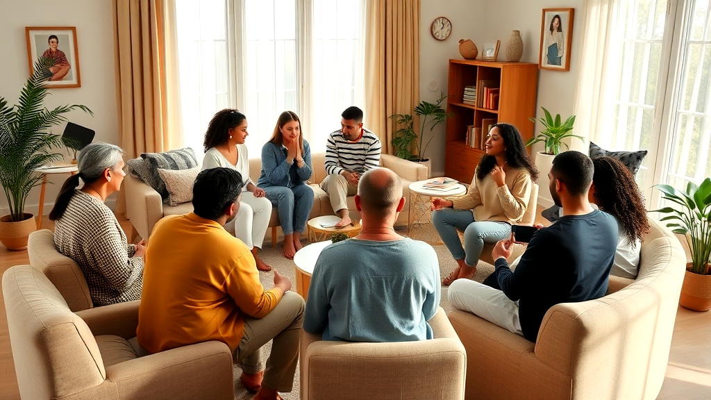 A group of people are sitting around a table in a living room.