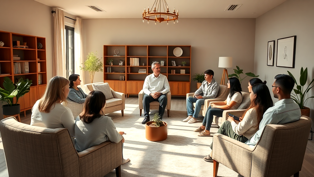 A group of people are sitting in a circle in a living room.