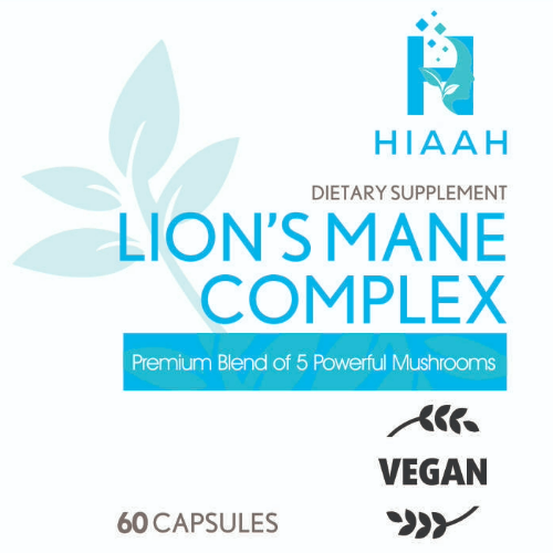 A vitamin bottle label for a dietary supplement with the HIAAH logo and Lion's Mane Complex text.