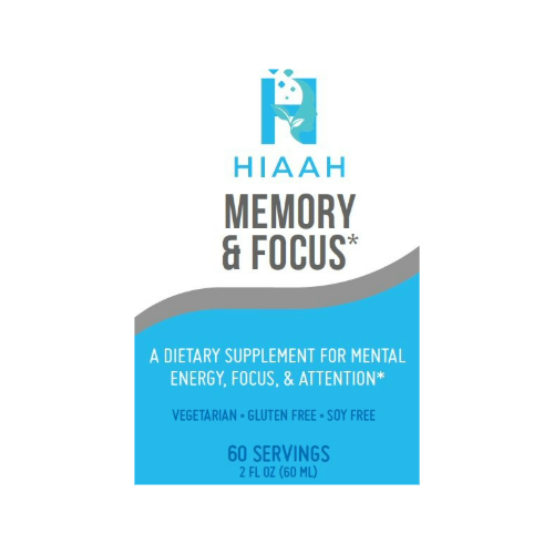 A vitamin bottle label for a dietary supplement with the HIAAH logo and Memory & Focus text.