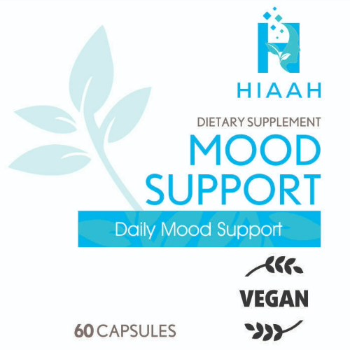 A vitamin bottle label for a dietary supplement with the HIAAH logo and Mood Support text.
