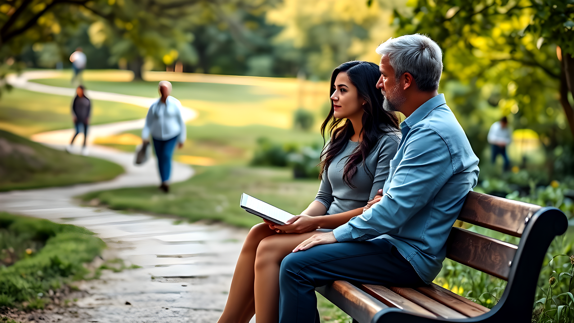 A man and a woman are sitting on a park bench reading a book.