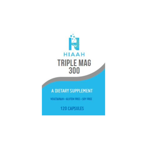 A vitamin bottle label for a dietary supplement with the HIAAH logo and Triple Mag 300 text.