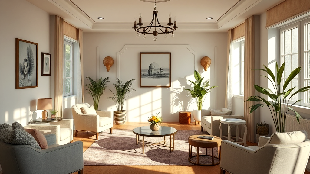 A living room filled with furniture and a chandelier.