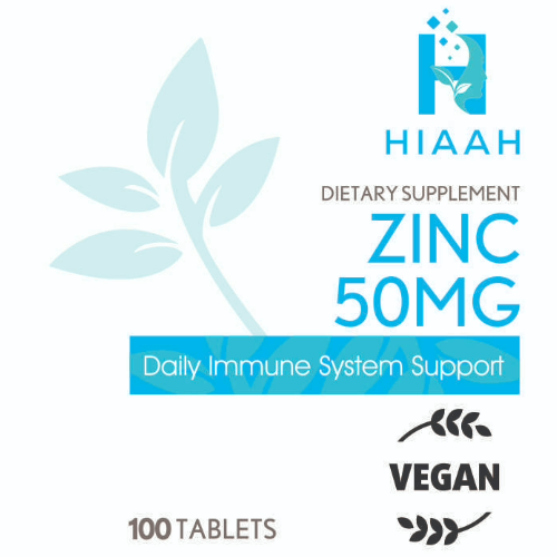 A vitamin bottle label for a dietary supplement with the HIAAH logo and Zinc 50mg text.
