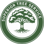 A circular green logo for Superior Tree Service featuring a stylized tree with detailed roots and a geometric trunk.