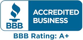 a blue and white sign that says `` accredited business bbb rating : a + '' .