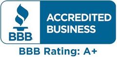 A blue and white sign that says `` accredited business bbb rating : a + ''.
