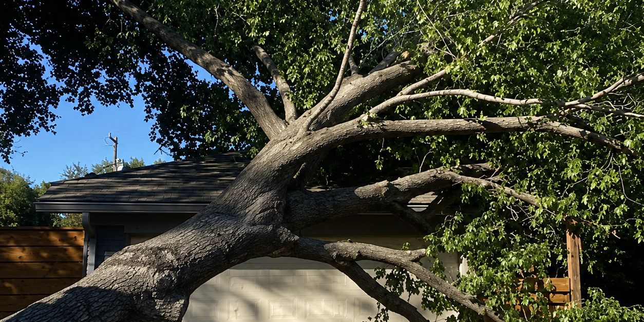 Fallen tree limb blocking a driveway in front of a garage, with blue sky and green leaves overhead